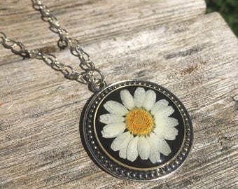 real daisy necklace, real flower jewelry for nature lover, pressed flower jewelry, pressed flower daisy pendant, unique gift for girlfriend