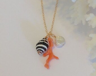 Natural Light Pink Italian Branch Coral, Freshwater Keishi Pearl, and Seashell on 14kt Gold Filled Chain