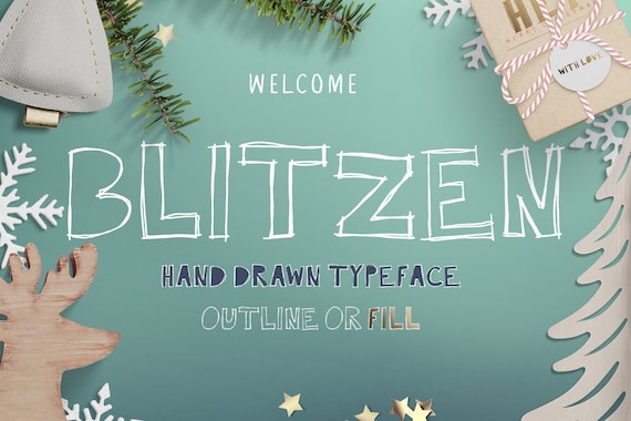 Blitzen Display Font, Hand Drawn scribbly Display typeface with outlines and center fill