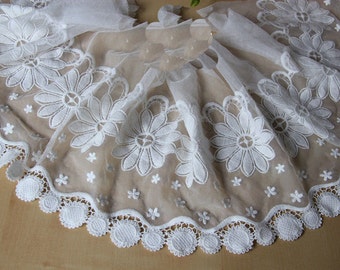 1 Yard Lace Trim Ivory Tulle Daisy Flower Embroidery Tulle 8.66" width