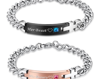 His Beauty Her Beast Stainless Steel Matching Bracelets for Couple One Pair (2pcs)
