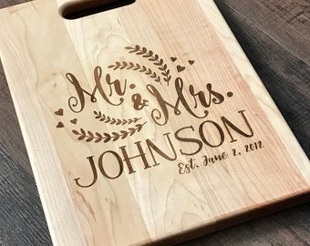 Personalized Cutting Board, Custom Cutting Board, Engraved Cutting Board, Wedding Gift, Wood Chopping Board, family established, Mr. & Mrs.
