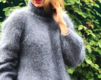 Mohair Sweater Grey, Mohair sweater, Turtleneck sweater, Wool sweater, Grey pullover, Handknit sweater, Knitted sweater, 100% hand made
