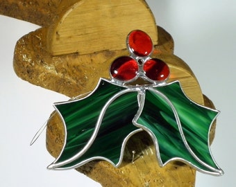 Holly Berry 3 D Stained glass suncatcher, Christmas tree ornament and window decoration