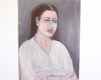 Vintage Portrait Painting of a Woman / Original Outsider Art / 15 x 21 / Found Paper