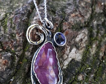 Ruby & Iolite Pendant Handmade and Silver with Gift Chain