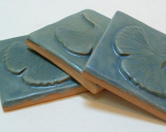 Set of four 3"Gingko/Ginkgo blue Arts and Crafts tile for fireplace, kitchen and bath. Handmade relief craftsman tile.