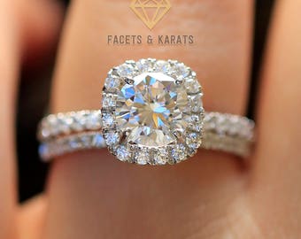 2.20 ctw Round Halo Engagement Ring, Bridal Set, Wedding Band, Solid 14k White Gold Lab Created Man Made Synthetic Simulated Diamonds