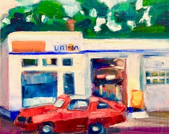 Plein Air "Joyride Ed's Union 76" Red Camaro plein air expressionist oil Painting Impressionist