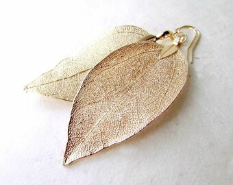 Gold Leaf Earrings, 14kt Gold Leaf Earring, Delicate Gold Earrings, Ethereal Wedding Earrings, Bridal Gold Dipped Real Leaf Dangle Earrings