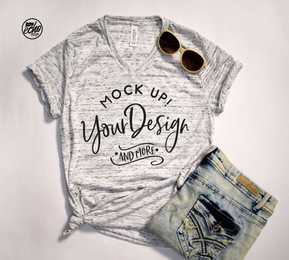 Download Shirt Mockup bella canvas v neck white marble T-shirt