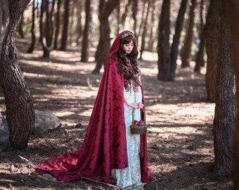Bridal red cloak bourgundy damasc with hood long hooded cape