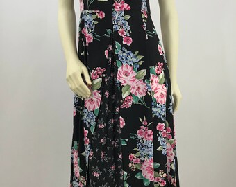 90s does 40s Floral Rayon Dress/Rayon Floral Print Dress/Dark Ground Floral Dress/90s Grunge Dress/Short Sleeve Floral Midi Dress