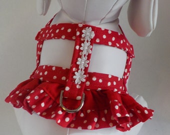 Dog Harness - Dog Clothes - Custom Dog Harness -Red Dots Ruffle - Dog Apparel - Dog Dress - Small Dog Harness