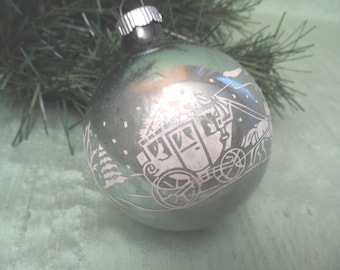 Horse and carriage stenciled glass ornament / As Is vintage Shiny Brite Christmas ornament bauble ball