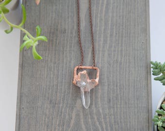 Quartz Crystal Geometric Necklace / Copper Electroformed Pendant