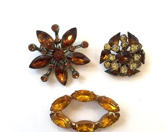 Vintage Lot of Three Amber & Topaz Rhinestone Brooches Marquise Shaped Rhinestone Brooch