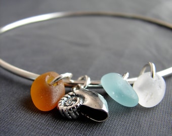 Sea Glass Bracelet / sea glass jewelry / genuine sea glass bangle / beach glass bracelet / sea shell sterling silver seaglass bracelet