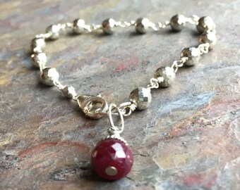 Silver pyrite sterling silver bracelet with a ruby gemstone