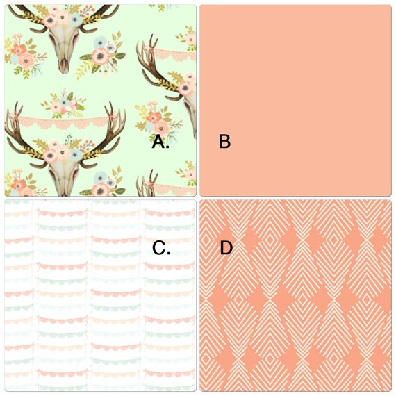 Baby Girl Crib Bedding Set in Peach Coral and Mint Boho Floral