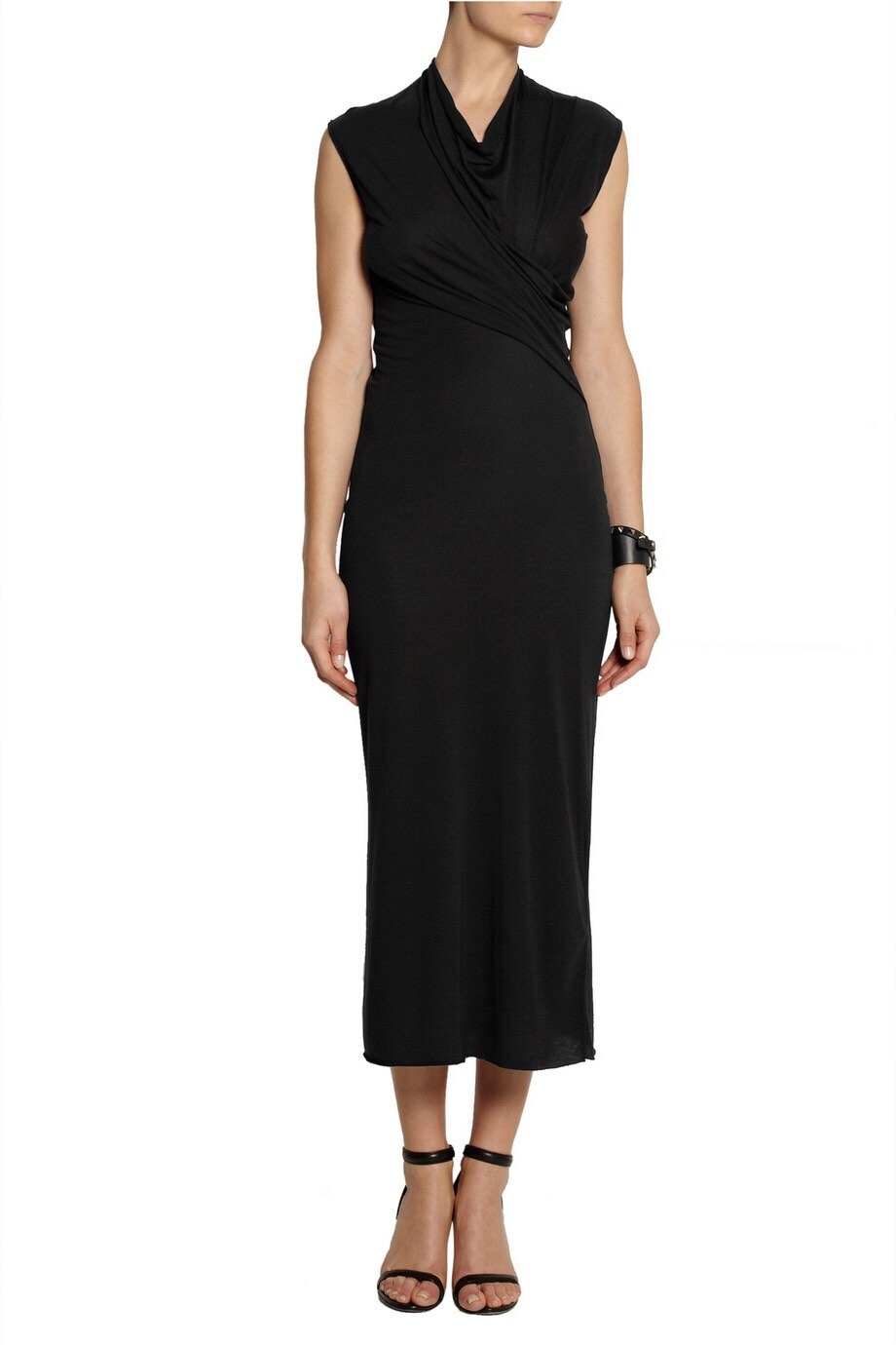 Black wrap effect jersey dress Fitted over the knee dress with