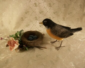 Felted Robin,Nesting Robin,Felted Bird,Felted Nest and eggs