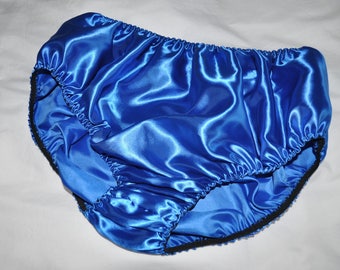 Soft satin panties, royal blue, no lace for unobtrusive everyday wear, to 42" waist Sissy Lingerie