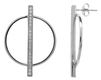 Silver Open Circle with Full CZ Bar Earrings
