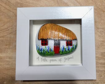 Irish thatched cottage, painted rock, framed