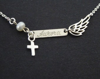 Memorial Bracelet with tiny Cross, Custom name Personalized Remembrance Bracelet, Sympathy Gift, Guardian Angel wing Bracelet