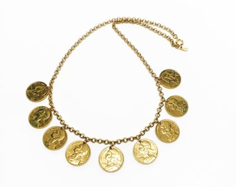 French Coin and Gold Rolo Link Chain Necklace