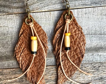Leather earrings, leather feather earrings, Brown leather earrings, Bohemian jewelry, cowgirl jewelry, Boho chic earrings
