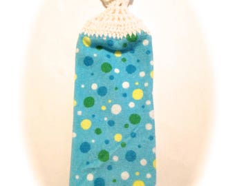 Blue Polka-Dot Hand Towel With White Crocheted Top