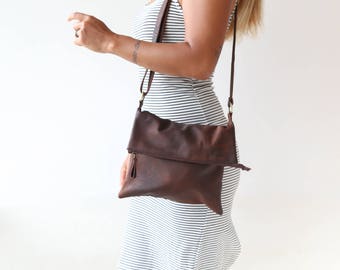 Brown Leather Foldover Crossbody Hanbag, Brown Leather Shoulder Bag, Fold Over Bag,