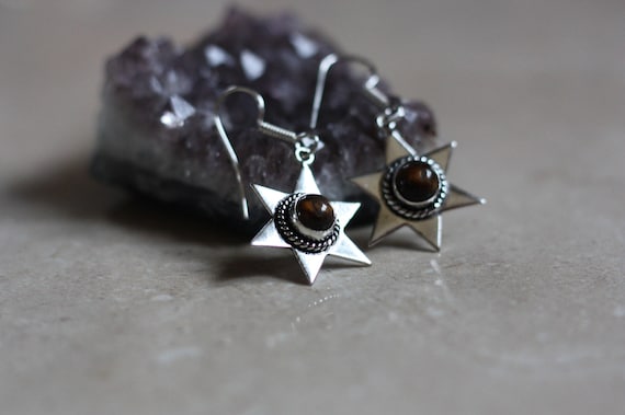 TIGERSEYE STAR EARRINGS - Silver Earrings - Crystal Earrings - Healing Crystal Jewellery - Tigers eye - Statement - Boho - Vintage - Crystal
