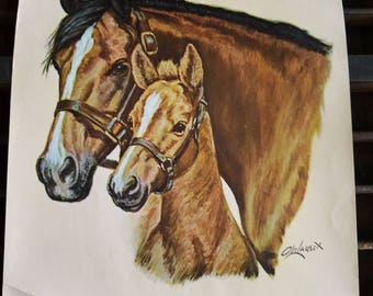 Vintage Lithography by Ole Larsen. Mare and Foal