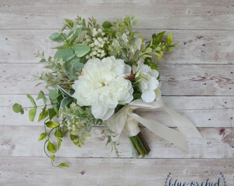 Silk Wedding Bouquet, Boho Bouquet, Bridal Bouquet, Greenery Bouquet, Silk Flowers, Artificial Bouquet, Wedding Flowers, Green, White, Cream
