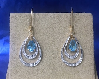 14k Yellow Gold Blue Topaz and Diamond Earrings