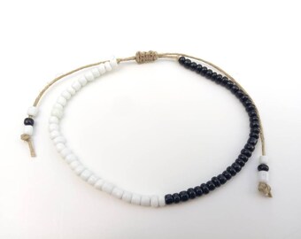 Black White Hemp Bracelet, Ankle Bracelet Hemp Anklet Hemp Jewelry Summer Jewelry Anklets Hemp Jewelry Adjustable Anklet Hemp Bead Bracelet