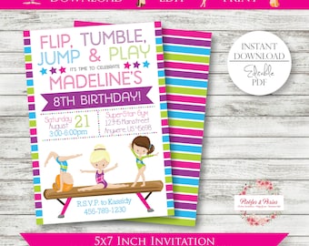 Editable Gymnastics Invitation - Gymnastics Birthday Invitation - Tumbling Party - Cupcakes and Carwheels - Edit w/ Adobe Reader - PRINTABLE