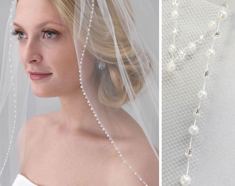 Pearl Bridal Veil, Beaded Wedding Veil, 1 Layer Veil, Ivory Veil, White Veil, Fingertip Veil, Elbow Veil, Veil for Bride, Comb Veil ~VB-5046