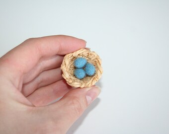 Miniature Nest. Robin's Nest. Nest with three eggs. Made to Order.