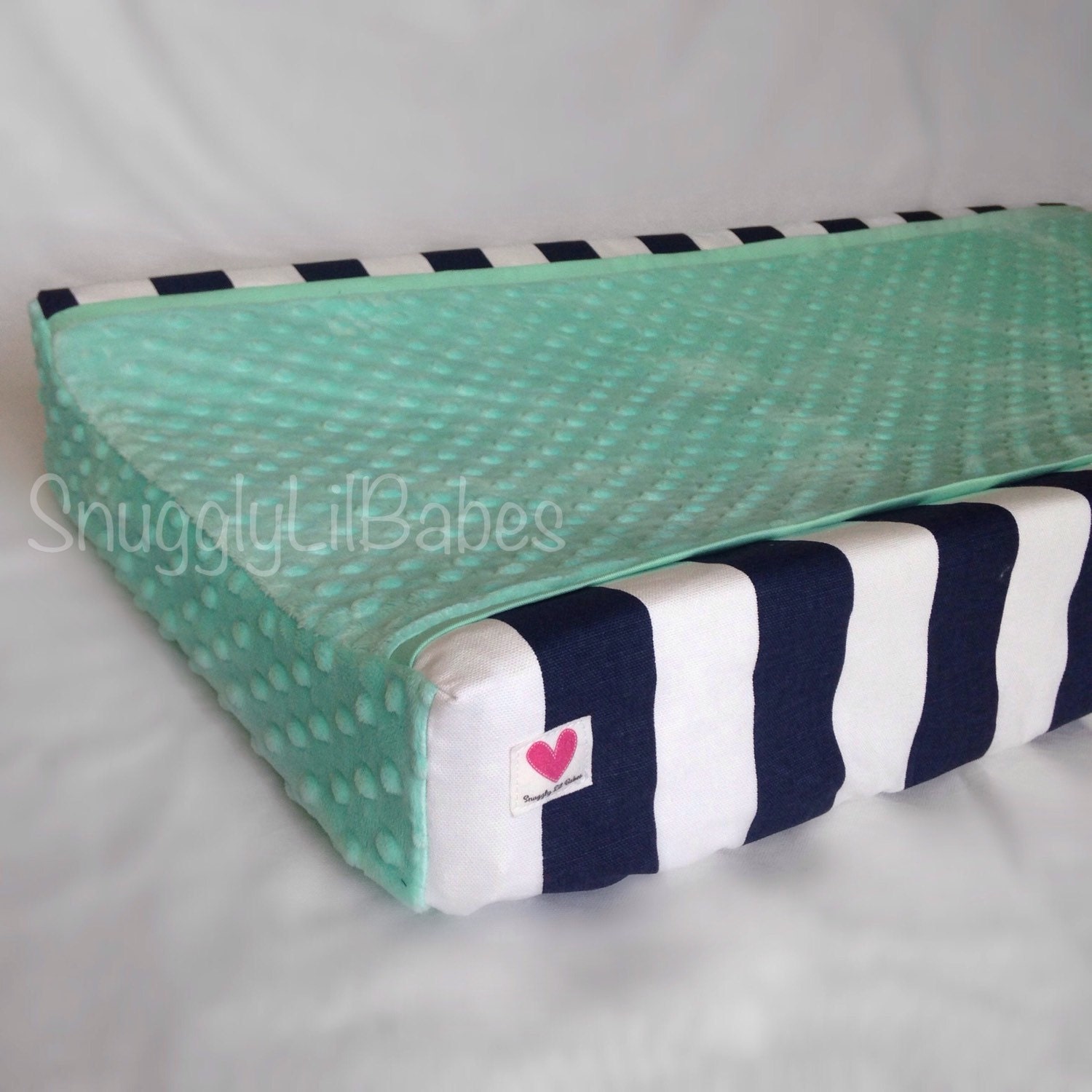 Navy stripe mint minky dot changing pad cover