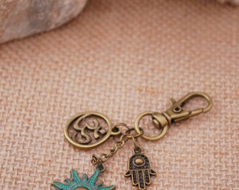 Yoga keychain, sun keychain, bronze hamsa keychain, hippie keychain, hamsa hand key chain, ohm keychain
