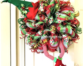 Christmas Elf Wreath - Deco Mesh Wreath - Elf Wreath - Christmas Wreath - Elf Legs