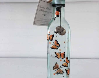 Hand Painted Glass Bottle - Great for Olive Oil- Vinegar - Soap Dispenser - Home Decor