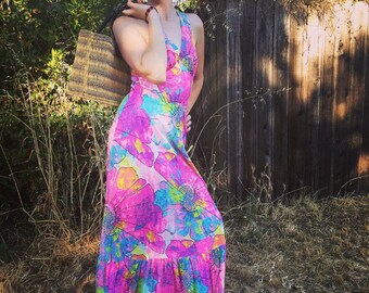 Neon 70s floral Psychedelic V neck maxi dress