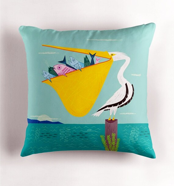 The Greedy Pelican - Children's Throw Pillow / Cushion Cover (16" x 16") - iOTA iLLUSTRATION