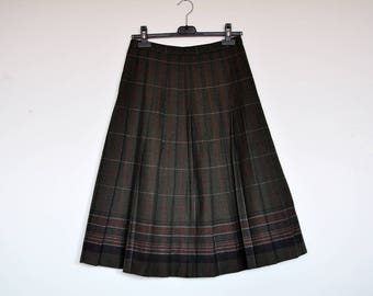 Vintage Tartan Hunter Green Plaid Pleated Wool Midi Skirt