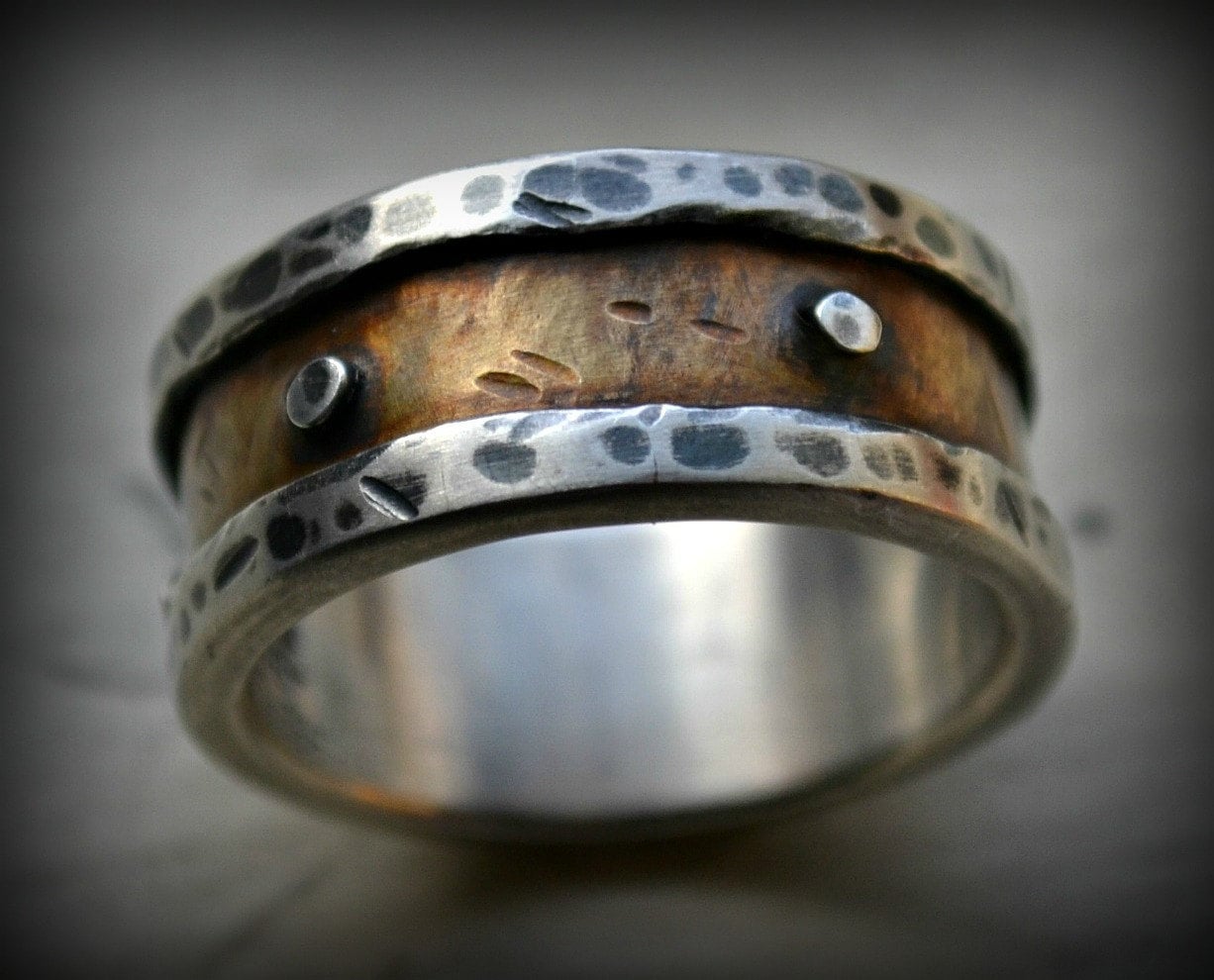 Mens Industrial Wedding Ring Rustic Fine Silver And Brass Mens Industrial Wedding Ring Rustic Fine Silver And Brass